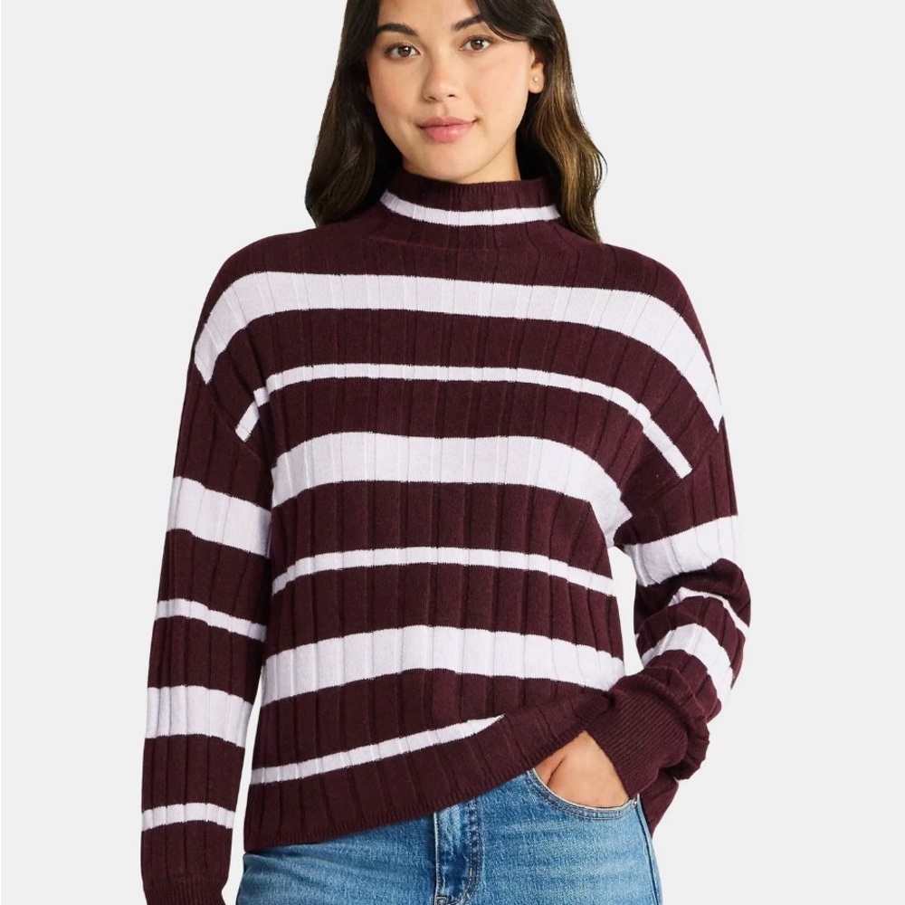Time and Tru Burgundy and White Striped Turtleneck Sweater